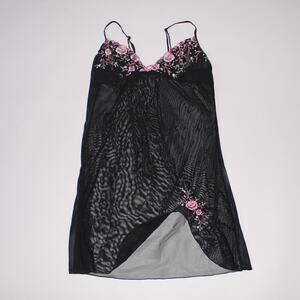 Vintage Q Girl Black Semi Sheer Slip With Floral Embroidery And A Small Slip XXL